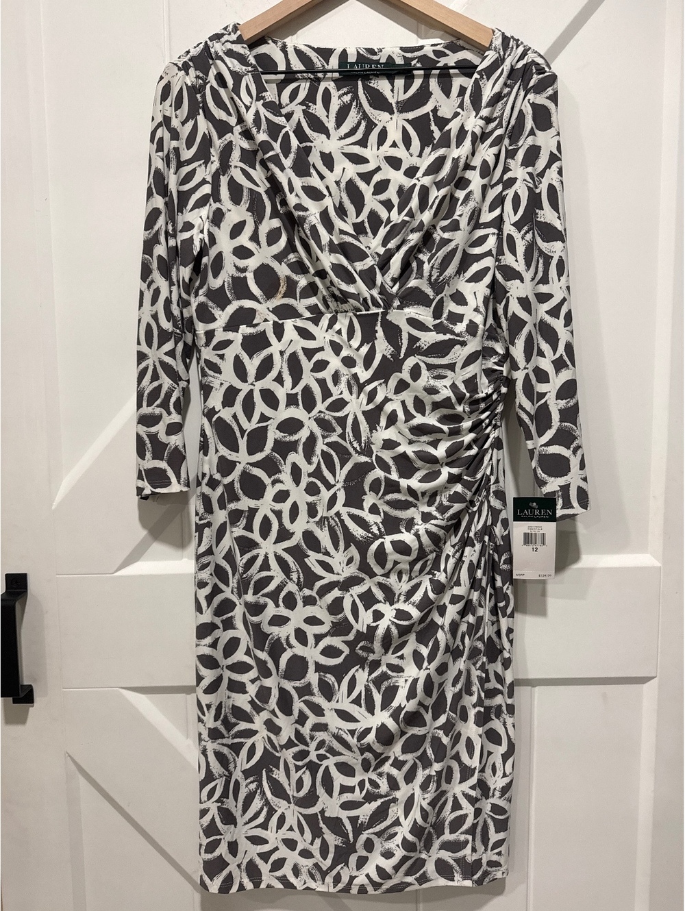 Lauren Ralph Lauren Women's Gray and White Patterned Ruched Dress, NWT, Size 12